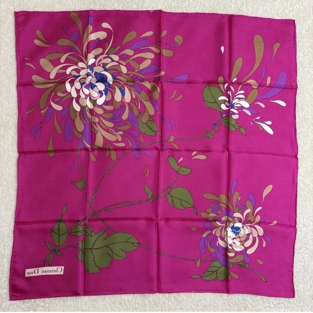 Christian Dior Silk Scarf 30in Fuchsia Pink Floral Botanical Leaves Design